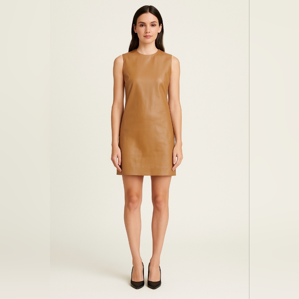 Theory Camel Faux Leather Sheath Dress • Size 2 • Sleek Minimalist Style